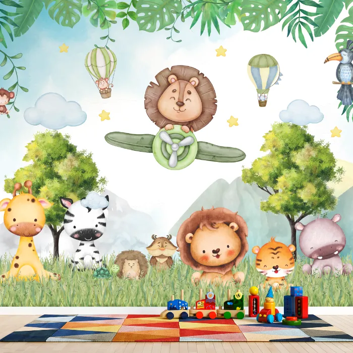 Papel de Parede Safari Aquarela Infantil Animais da Selva