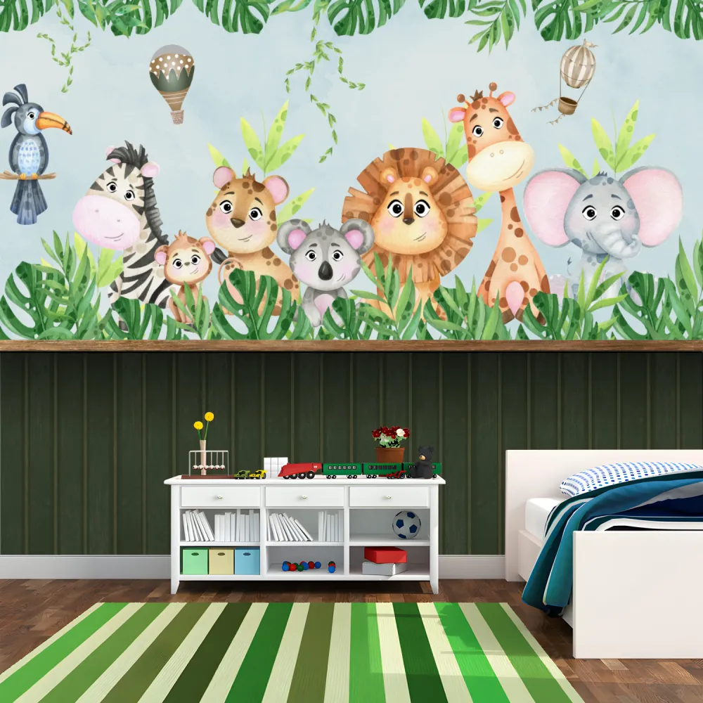 Papel de Parede Safari Aquarela Colorido com Animais da Selva