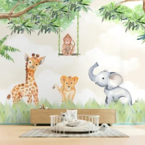 Papel de parede animais da selva bebê Aquarela Quarto Infantil - Imagem 3