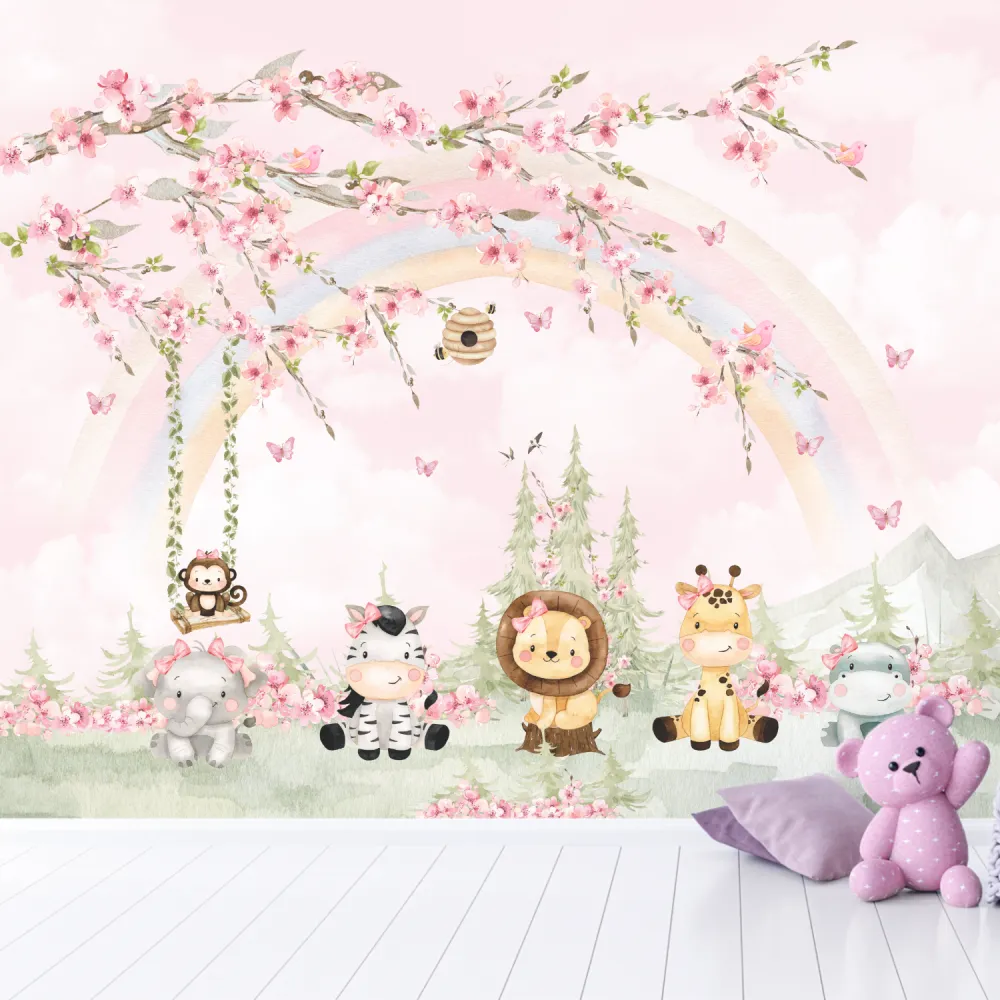 Papel de Parede Safari Baby Feminino com Arco-Íris