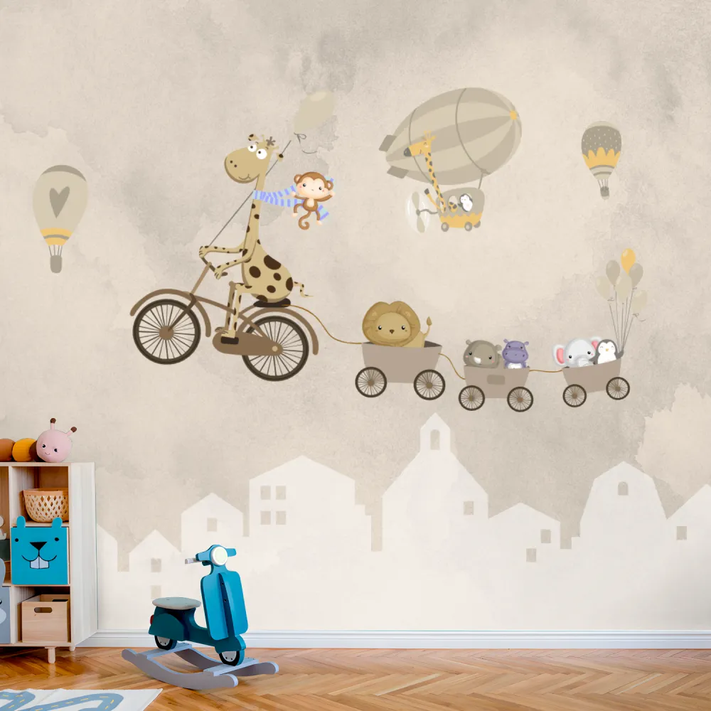 Papel de Parede Safari Vintage Bege com Animais Baby