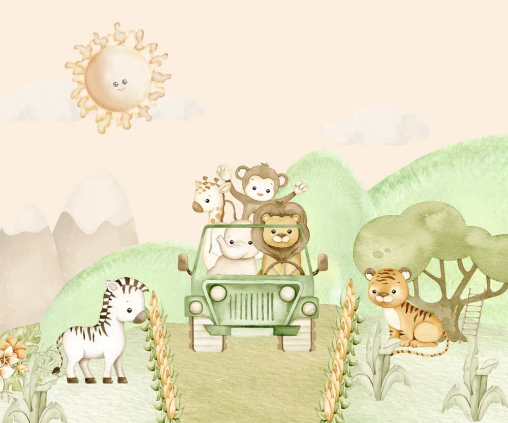 Papel de Parede Safari Baby no Jipe Aquarela Delicado
