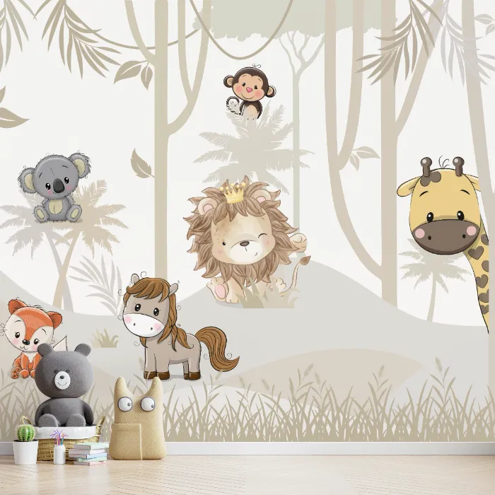 Papel de Parede Safari Bege Infantil com Animais Fofinhos