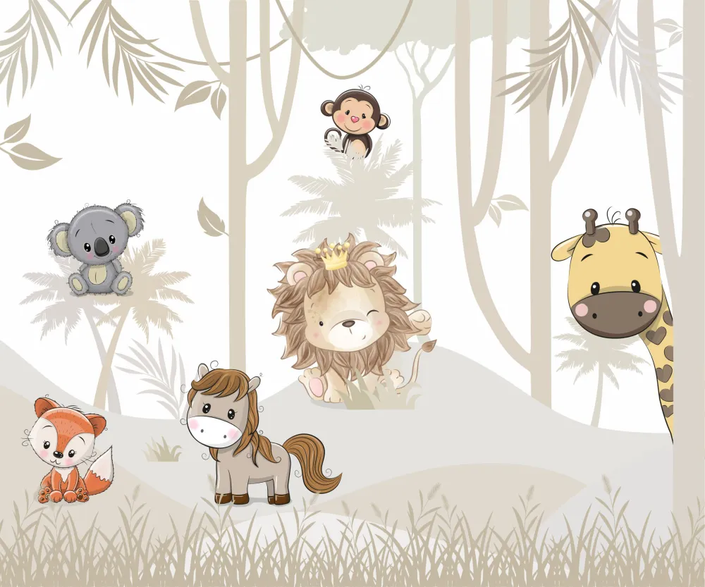 Papel de Parede Safari Bege Infantil com Animais Fofinhos
