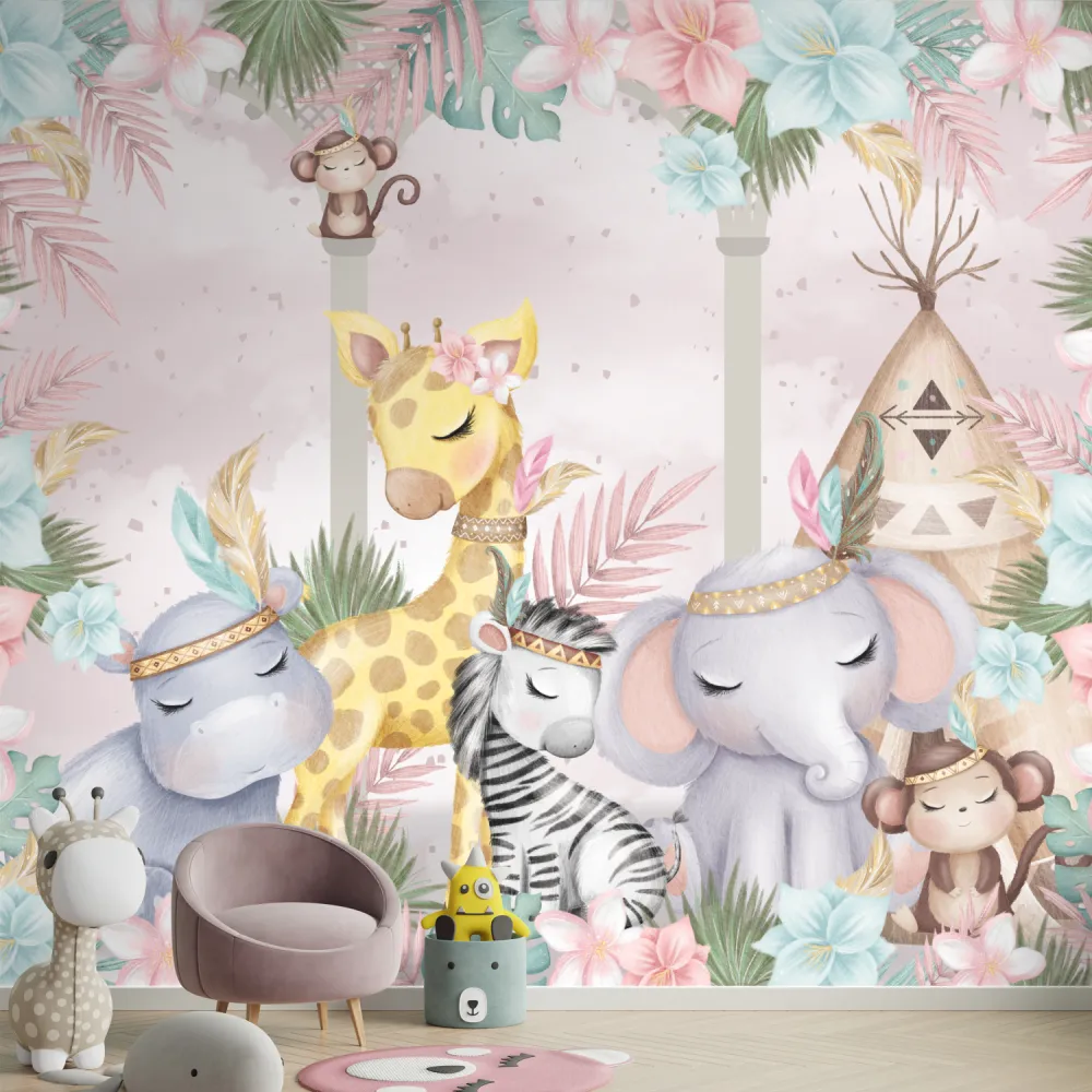 Papel de Parede Safari Baby Feminino Tropical Delicado