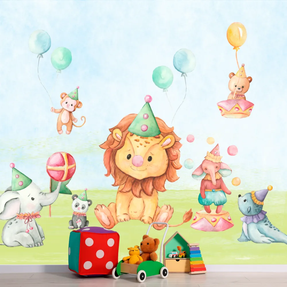 Papel de Parede Safari Circo Infantil Aquarela para Quarto de Bebê