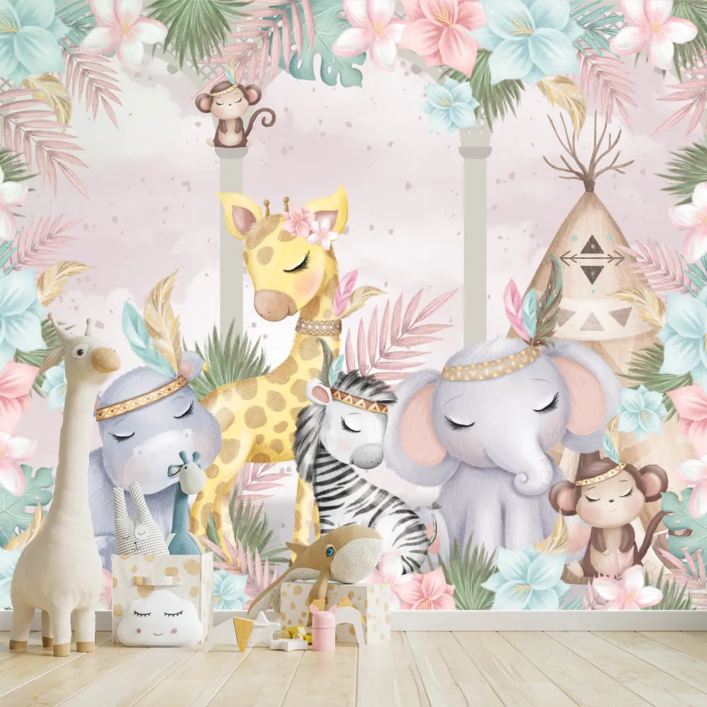 Papel de Parede Safari Baby Feminino Tropical Delicado