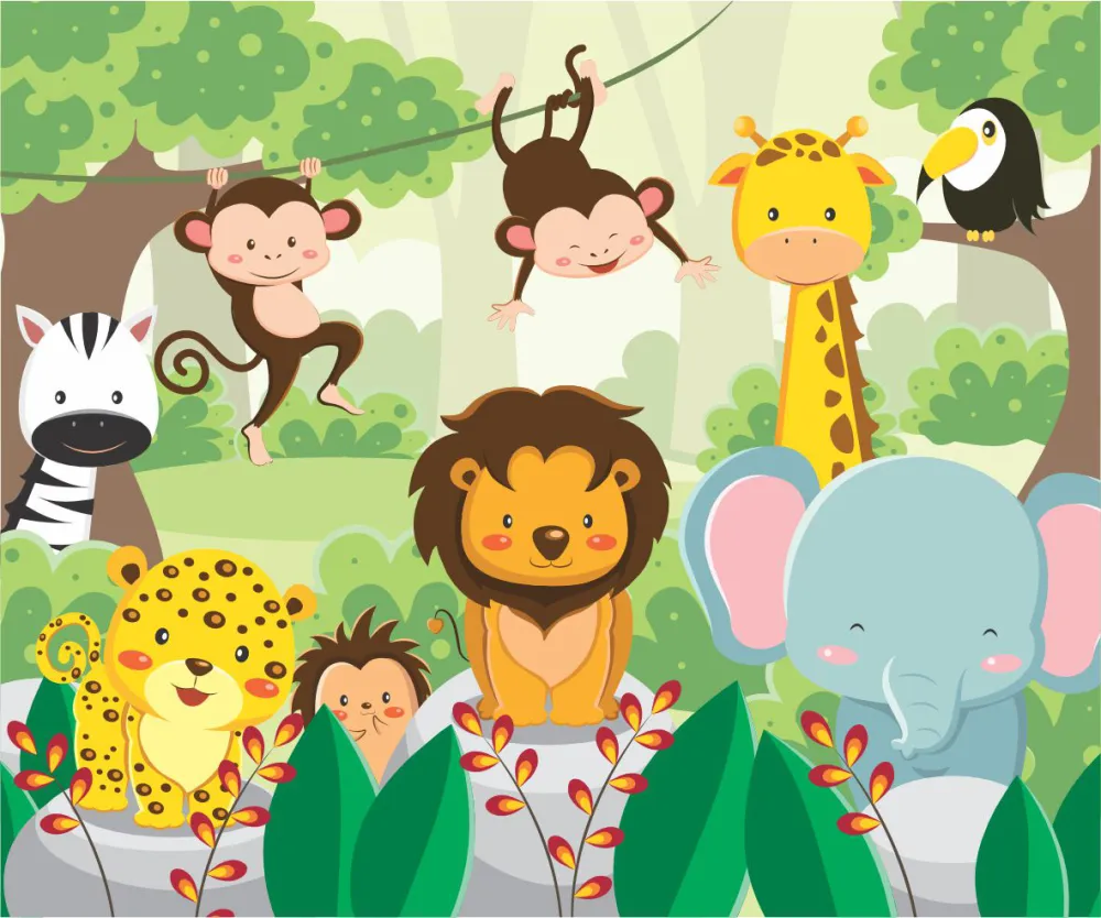 Papel de Parede Safari Infantil Animais da Selva Colorido