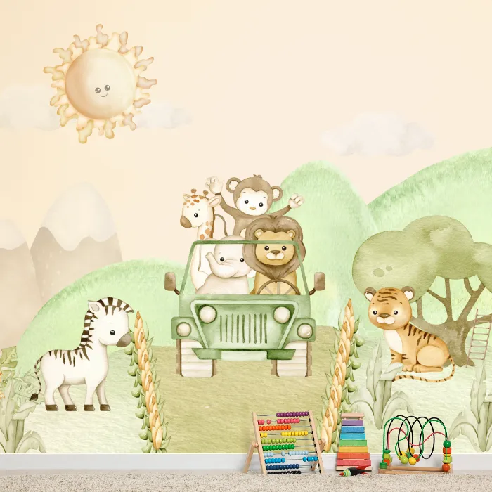 Papel de Parede Safari Baby no Jipe Aquarela Delicado