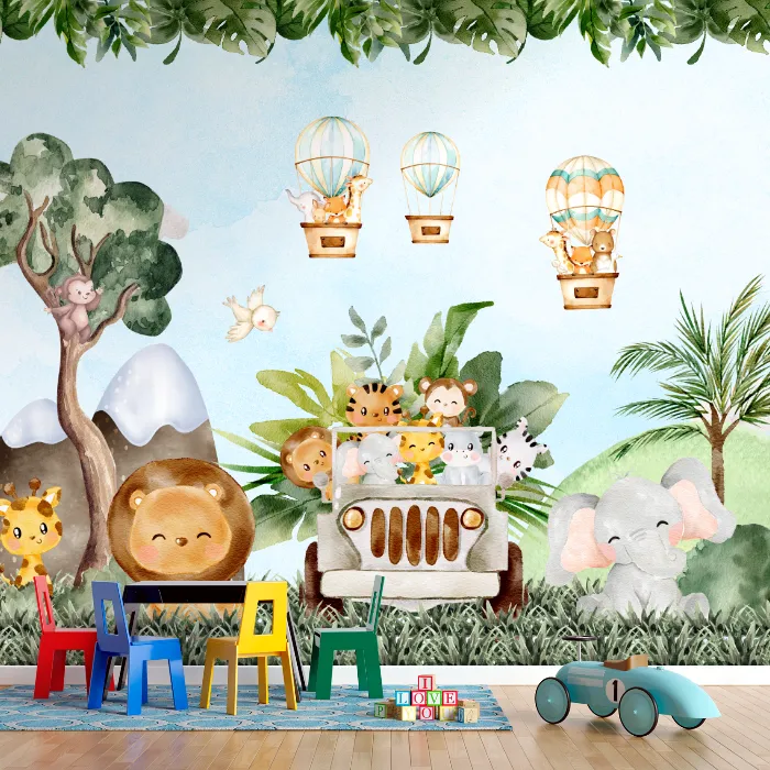 Papel de Parede Safari Baby Aquarela Selva Encantada