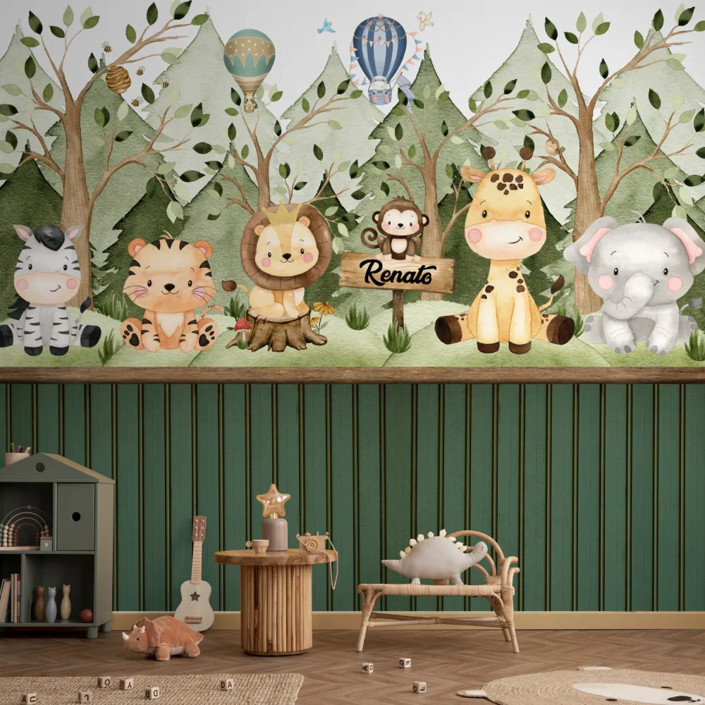 Papel de Parede Safari Baby Verde Aquarelado para Quarto de Bebê