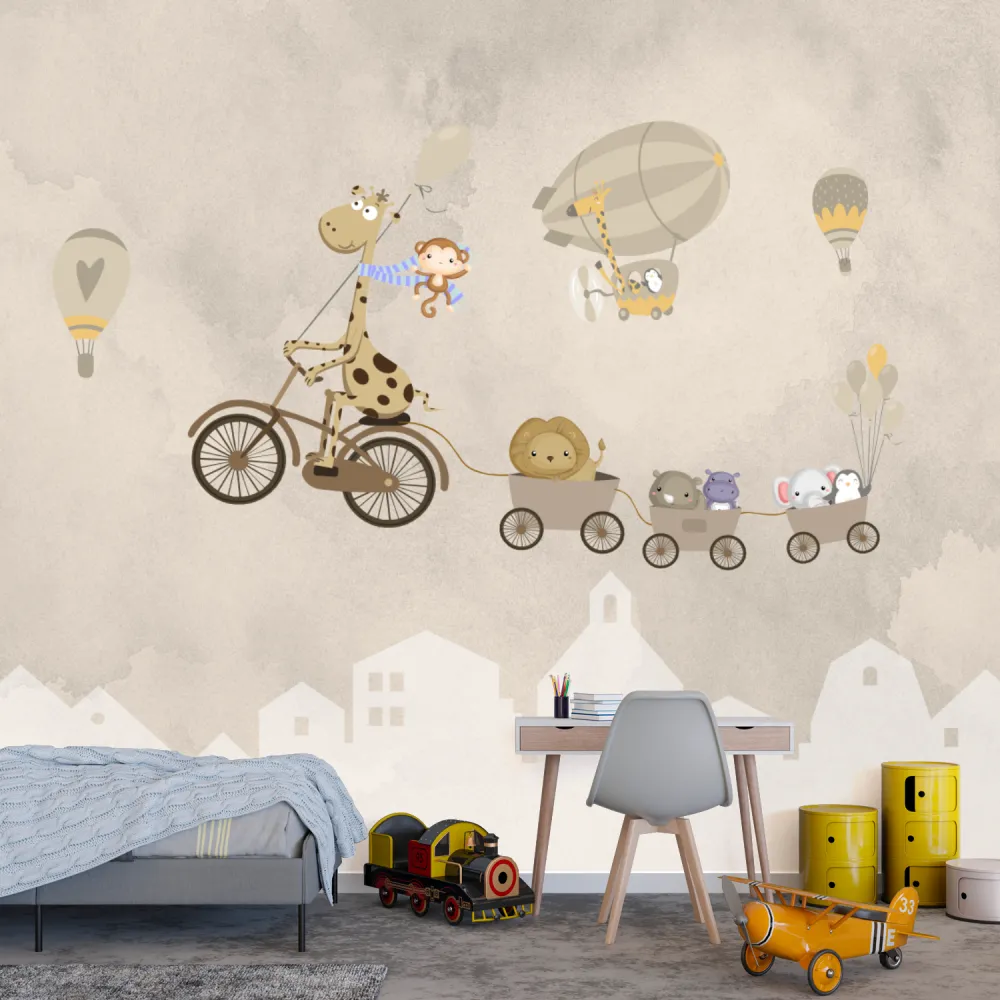 Papel de Parede Safari Vintage Bege com Animais Baby