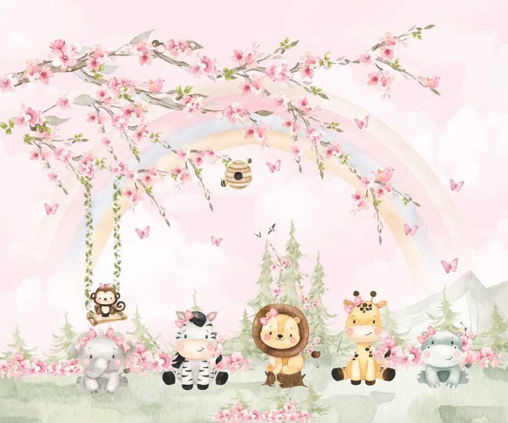 Papel de Parede Safari Baby Feminino com Arco-Íris