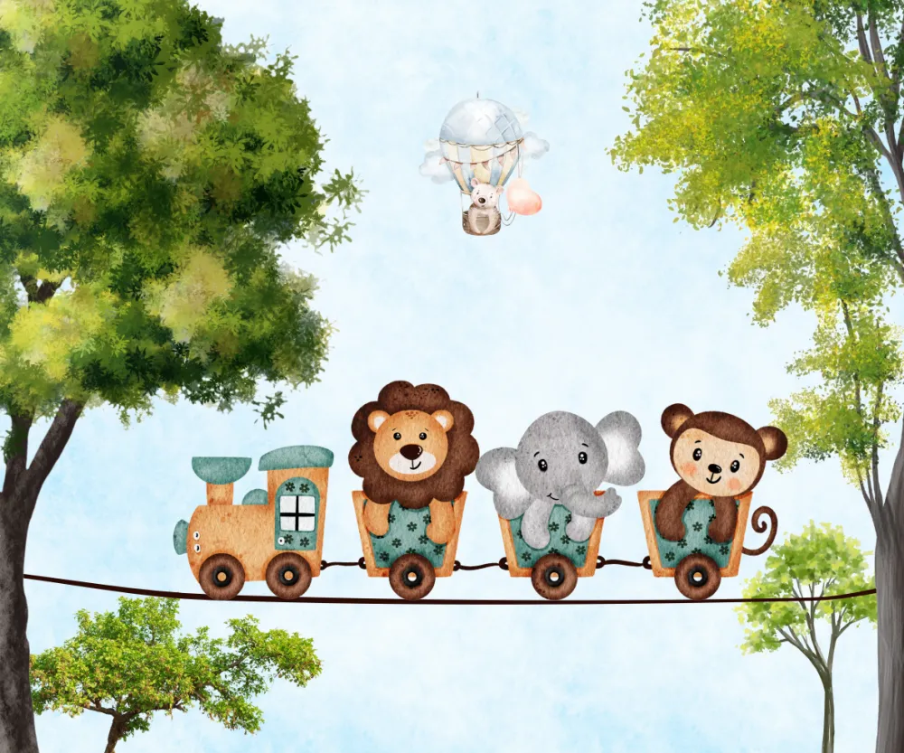 Papel de Parede Safari Trenzinho Infantil Aquarela Delicado