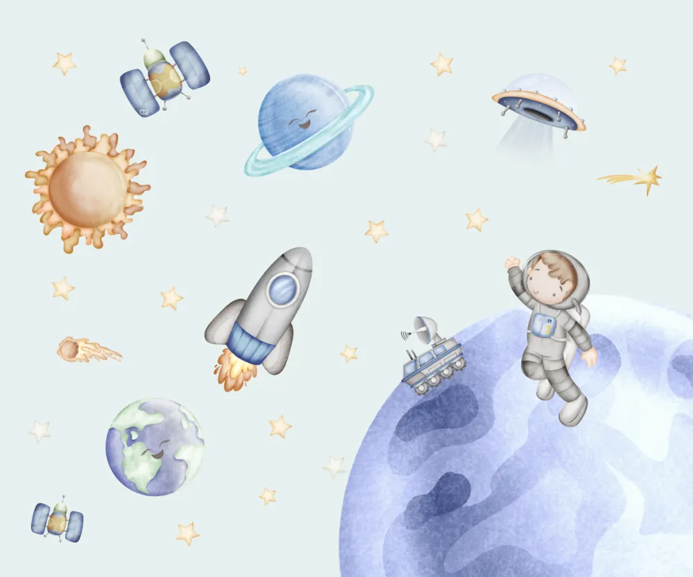 Papel de Parede Universo Infantil Aquarela com Astronauta