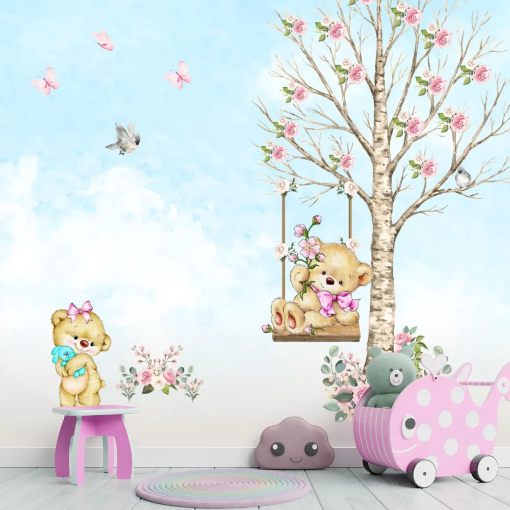 Papel de Parede Infantil Ursinhas no Balanço Floral