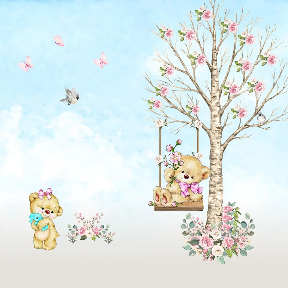 Papel de Parede Infantil Ursinhas no Balanço Floral