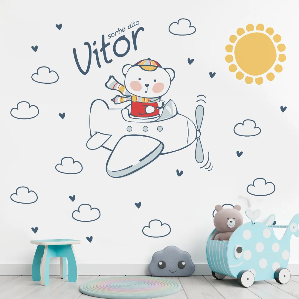 Papel de Parede Ursinho Aviador para Quarto de Bebê