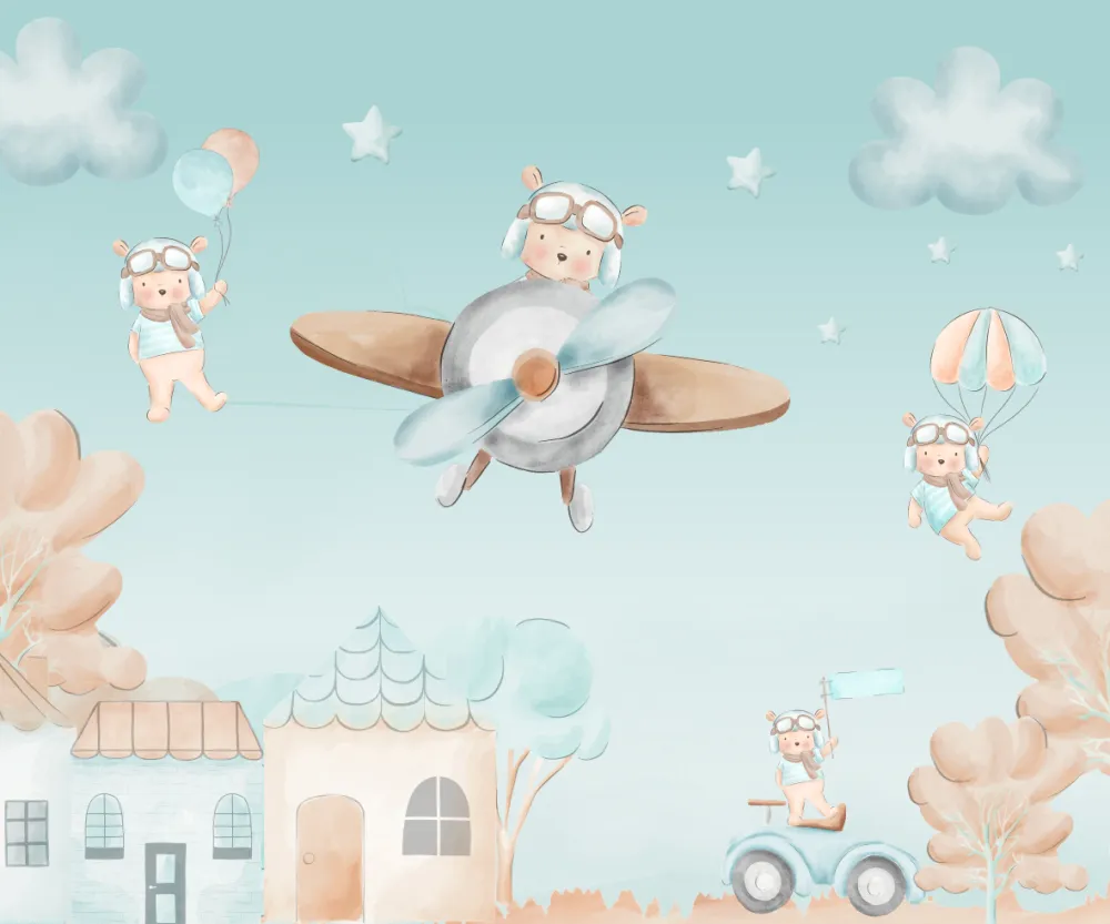 Papel de Parede Ursinho Aviador com Avião Infantil Delicado