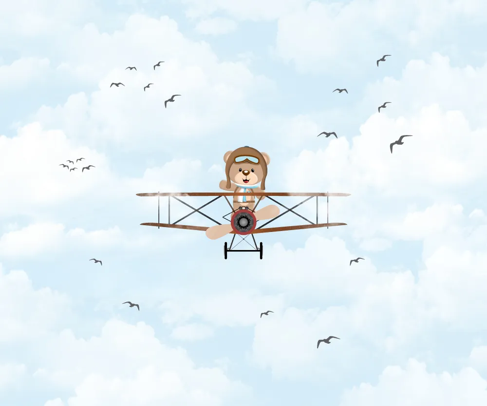 Papel de Parede Ursinho Aviador Vintage para Quarto Infantil