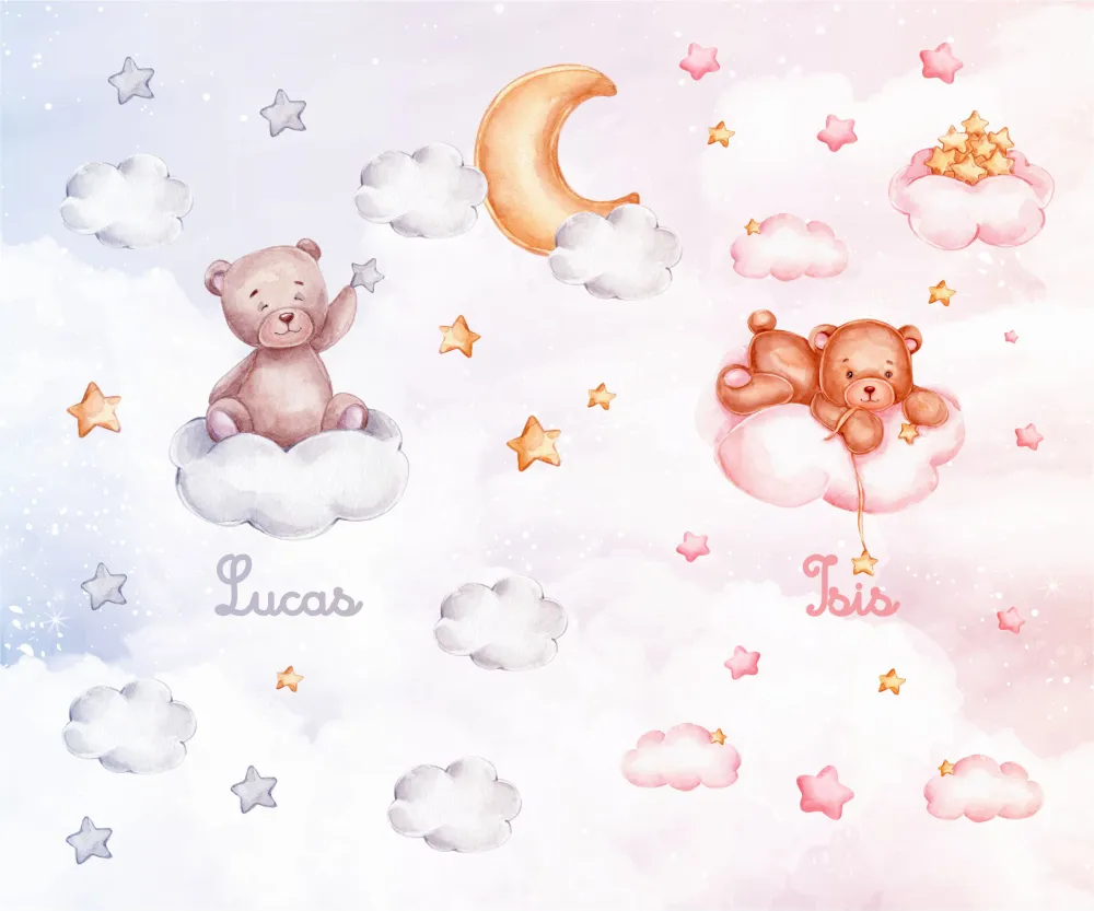 Papel de Parede Ursinho nas Nuvens Aquarela Infantil Delicado