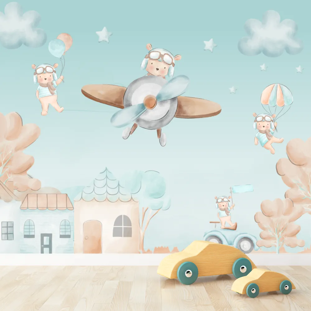 Papel de Parede Ursinho Aviador com Avião Infantil Delicado