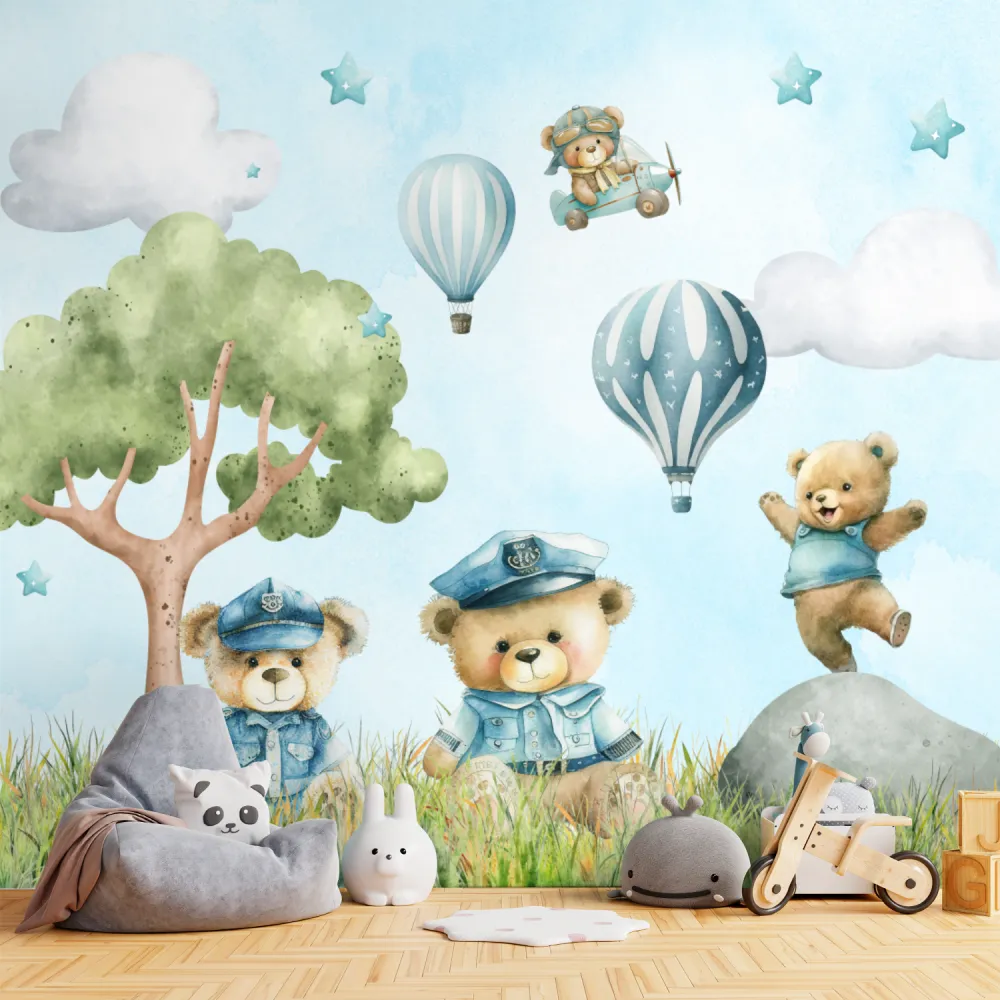 Papel de Parede Ursinhos Aviadores com Balões e Avião Infantil