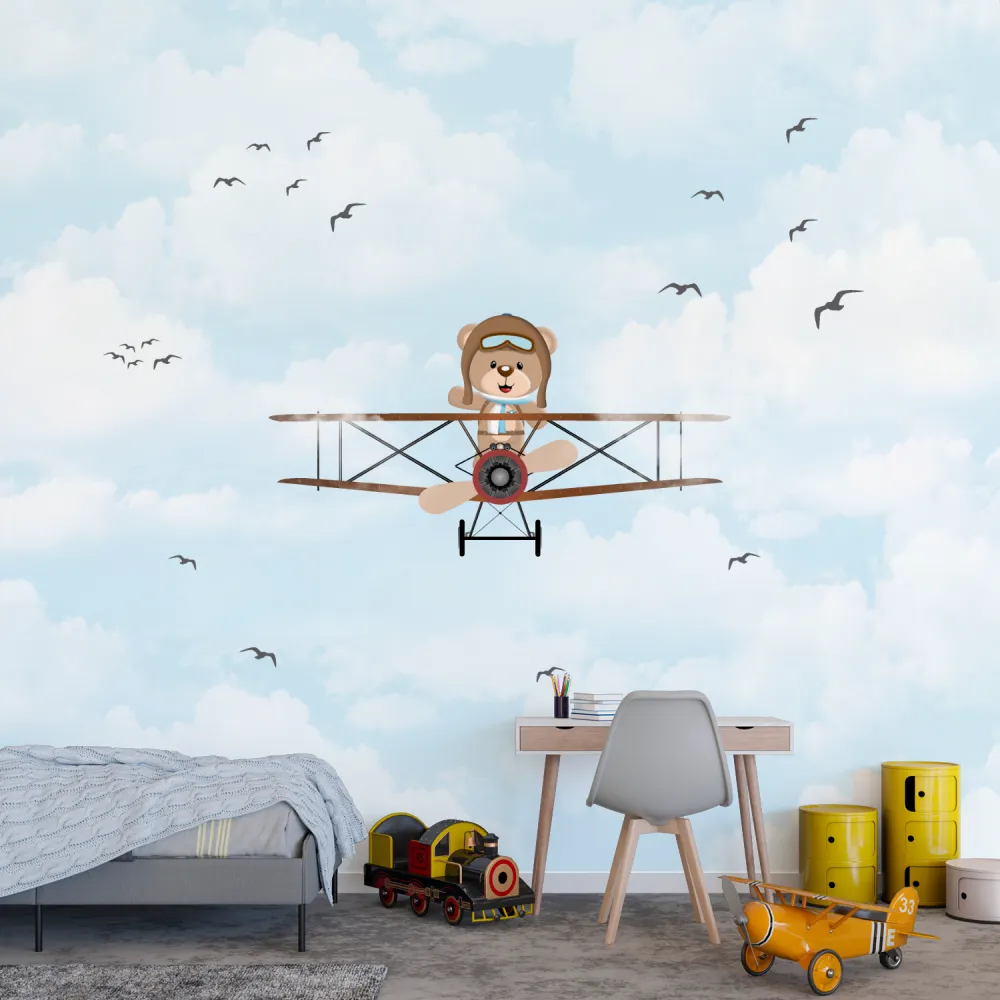 Papel de Parede Ursinho Aviador Vintage para Quarto Infantil