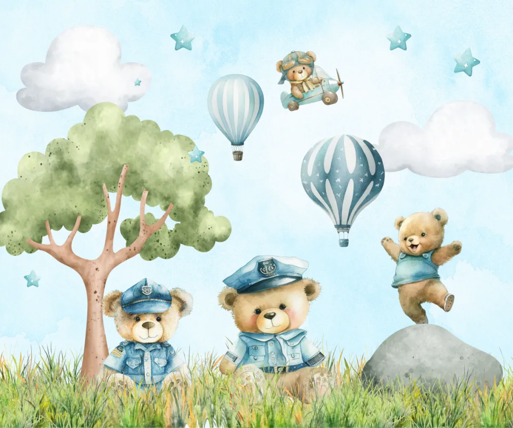 Papel de Parede Ursinhos Aviadores com Balões e Avião Infantil