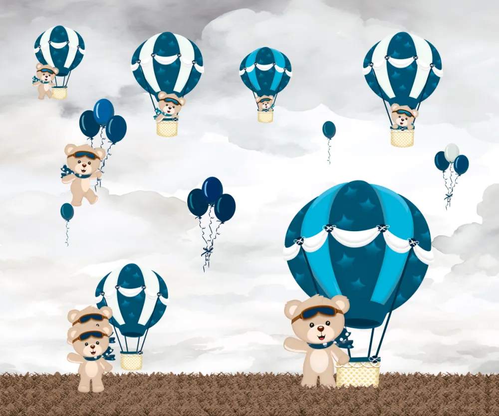 Papel de Parede Ursinhos Baloeiros com Balões Azul Marinho
