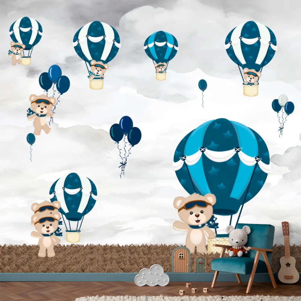 Papel de Parede Ursinhos Baloeiros com Balões Azul Marinho
