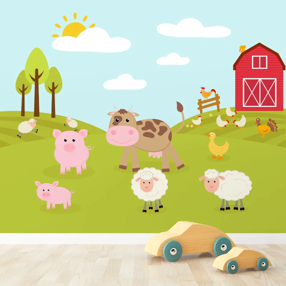 Papel de Parede Fazenda Infantil Animais Fofinhos para Quarto de Bebê