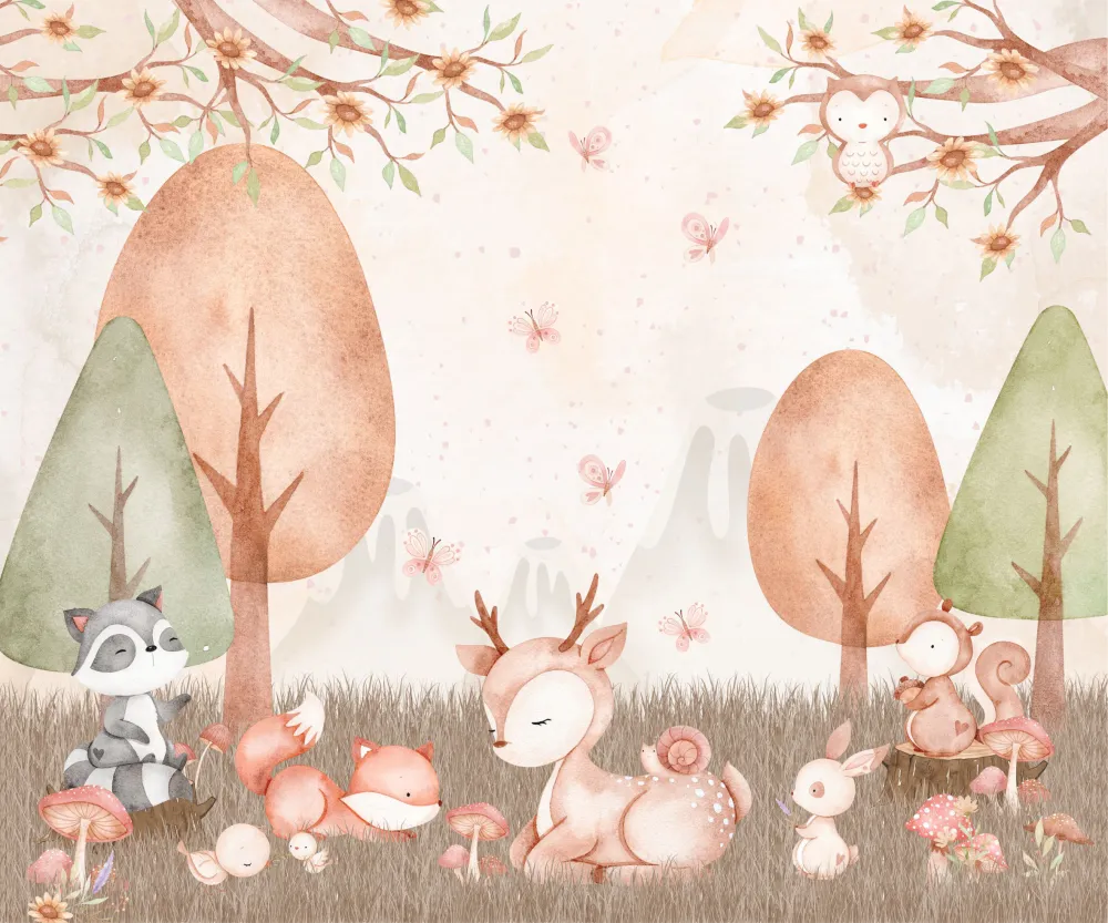 Floresta Lúdica Infantil com Animais do Bosque em Aquarela