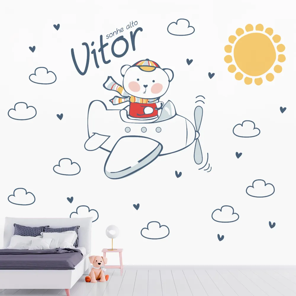 Papel de Parede Ursinho Aviador para Quarto de Bebê