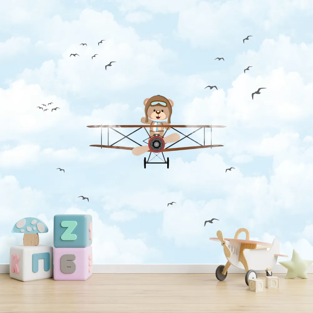 Papel de Parede Ursinho Aviador Vintage para Quarto Infantil