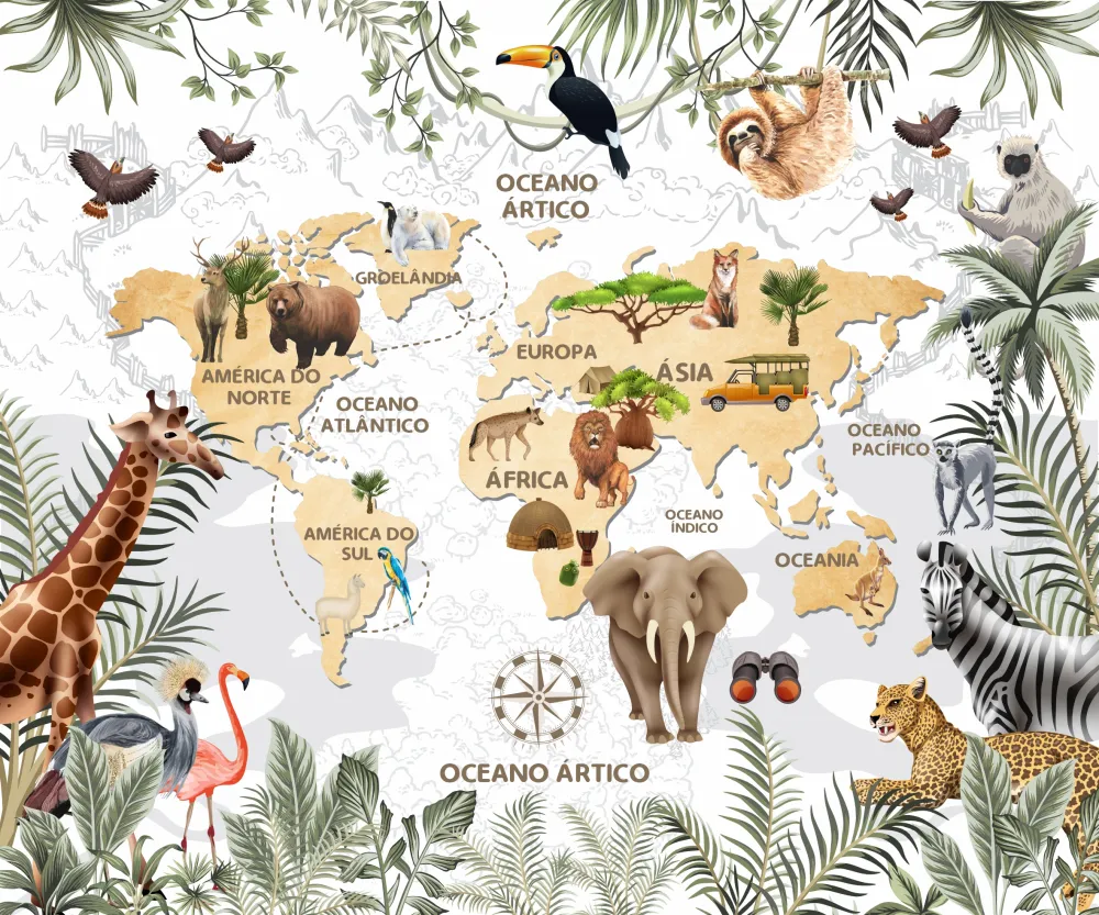 Papel de Parede Mapa Mundi Safari com Animais Selvagens e Continentes
