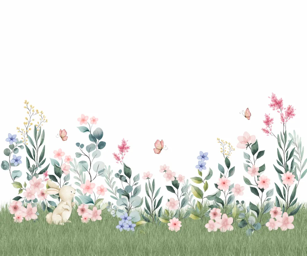 Papel de Parede Jardim Floral Baby com Coelhinho e Flores Delicadas
