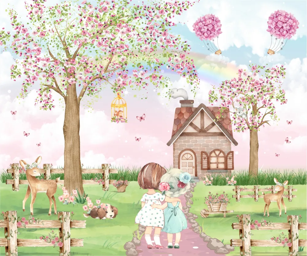 Papel de Parede Jardim Mágico das Amigas com Casa Encantada e Balões Florais