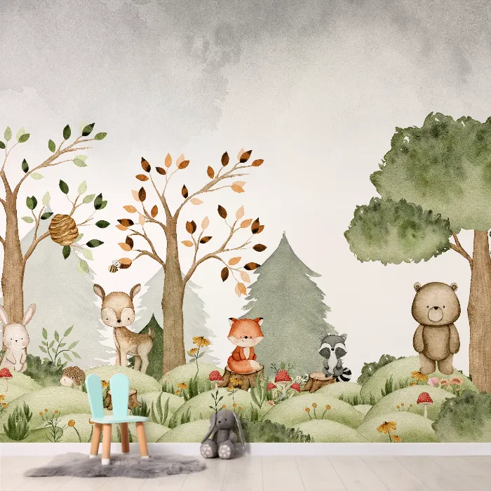 Papel de Parede Infantil Animais do Bosque em Aquarela