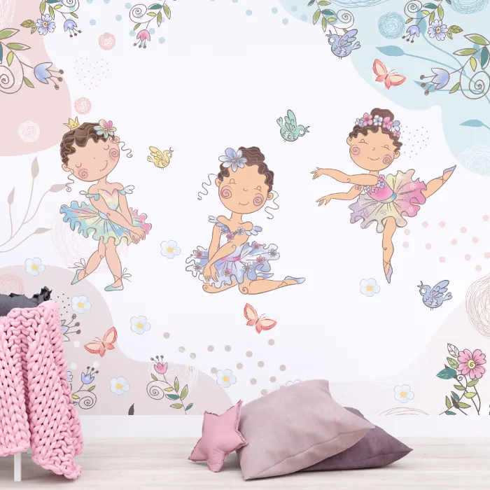 Papel de Parede Bailarina Infantil com Flores e Borboletas