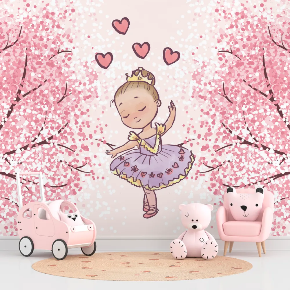 Papel de Parede Bailarina Princesa com Cerejeiras e Corações