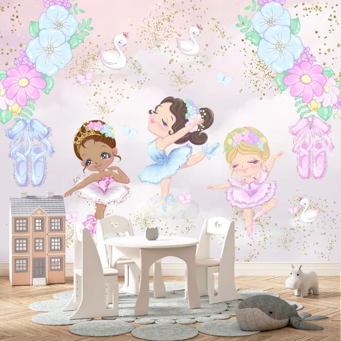 Papel de Parede Ballet Encantado com Bailarinas e Cisnes