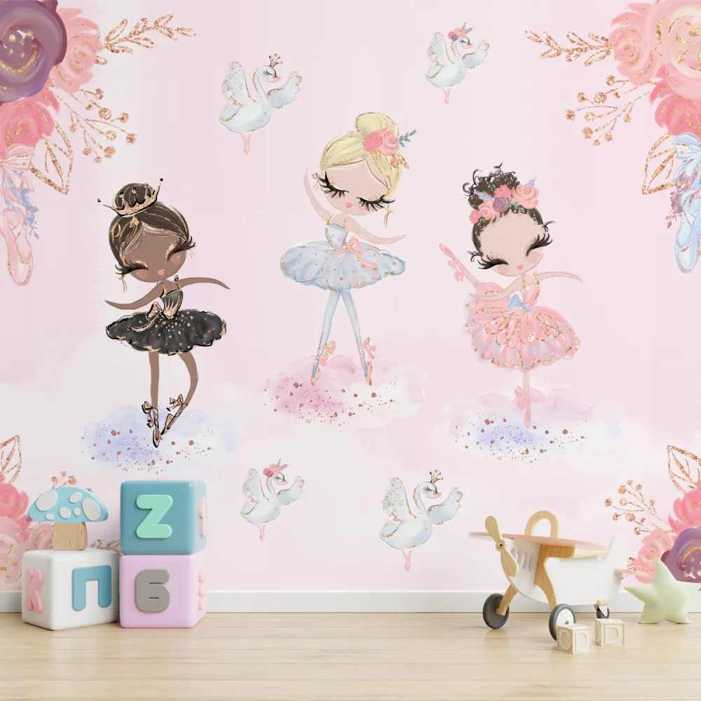 Papel de Parede Ballet Princesas com Bailarinas e Cisnes
