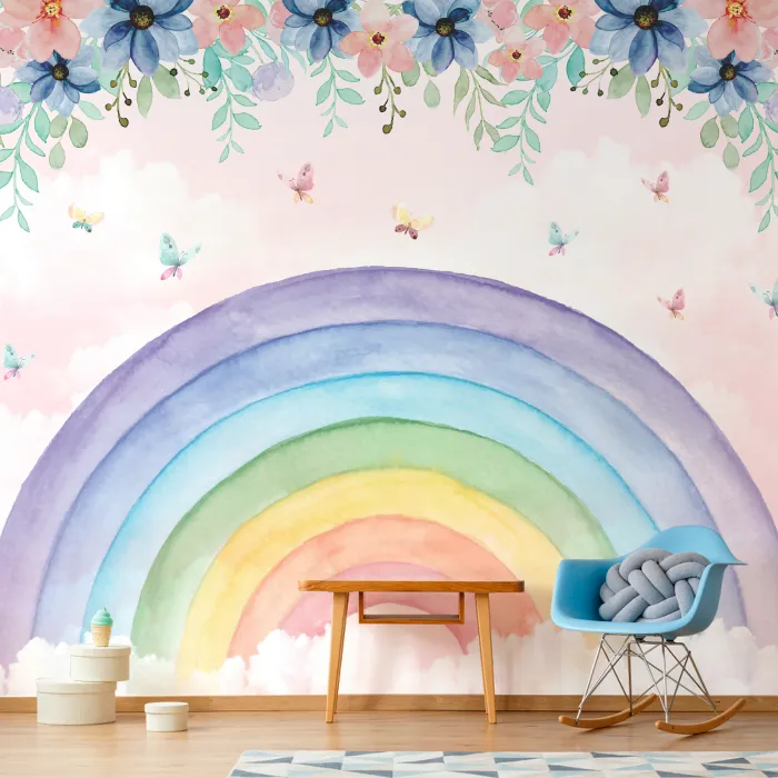 Papel de Parede Arco-Íris Floral Baby com Flores Delicadas e Borboletas