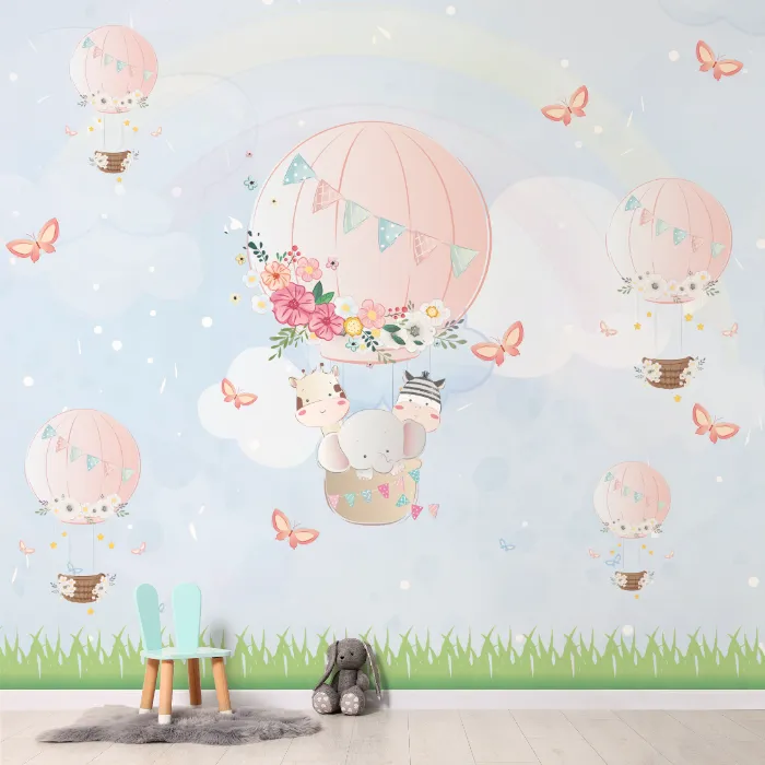 Papel de Parede Balões Encantados Baby com Animais no Balão para Quarto Infantil