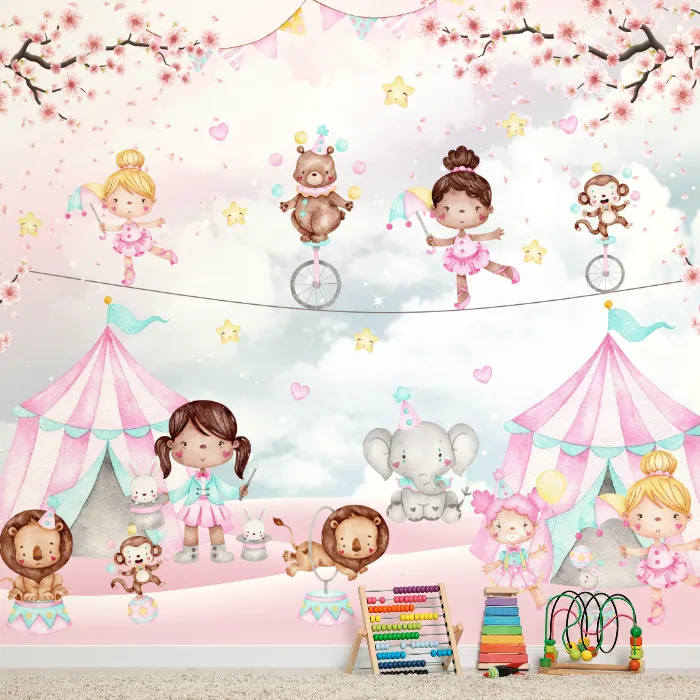 Papel de Parede Circo Encantado com Bailarinas e Animais para Quarto Infantil