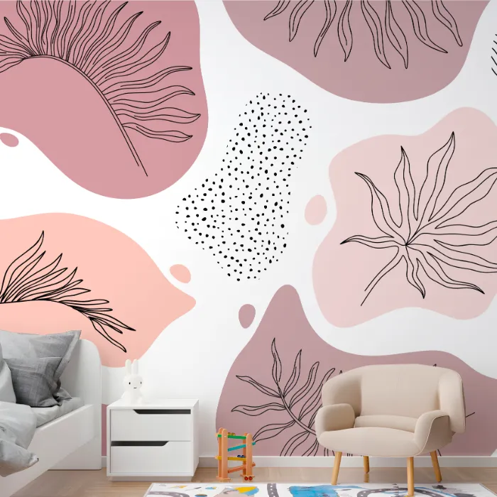 Papel de Parede Folhagem Boho em Tons Rosé para Sala e Quarto Moderno