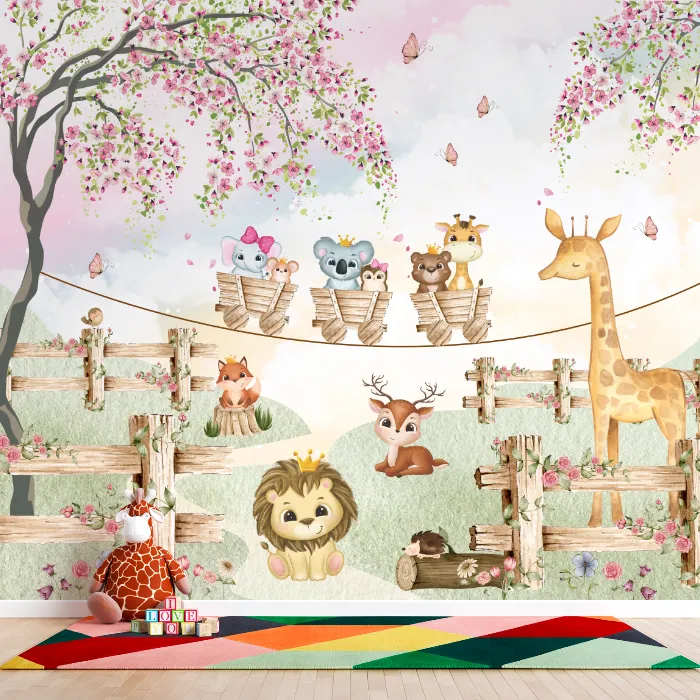 Papel de Parede Safari Menina Floral com Animais Encantados