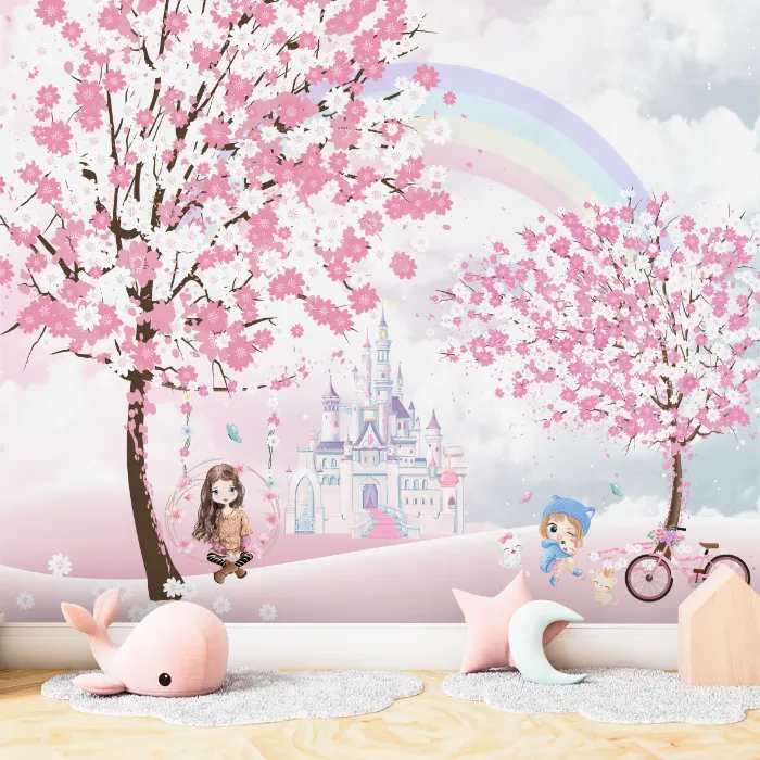 Papel de Parede Jardim Encantado Rosa com Castelo e Cerejeiras para Quarto Infantil