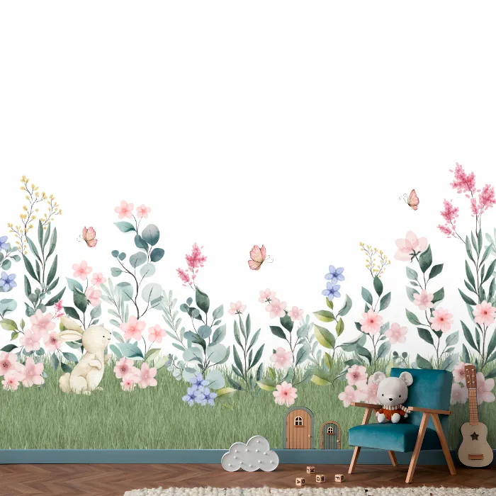 Papel de Parede Jardim Floral Baby com Coelhinho e Flores Delicadas